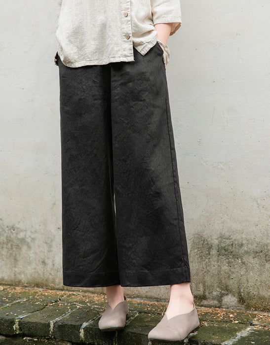 Spring Summer Cotton Linen Women Artistic Washed Lace up Linen Casual Straight Through Cropped Pants Women Cotton Linen Wide Leg Pants