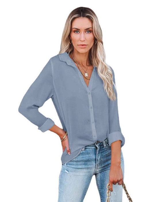 Women Clothing Autumn Winter Casual Loose Long Sleeve Buckle V neck Shirt Top