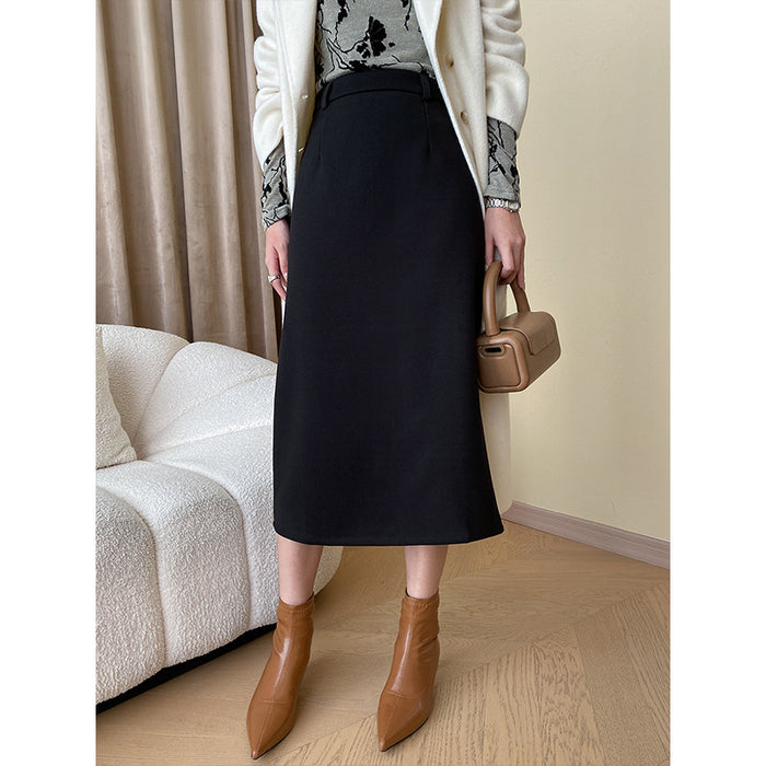 French Fashionable Item Simple Office Straight Woolen Thick Split Skirt