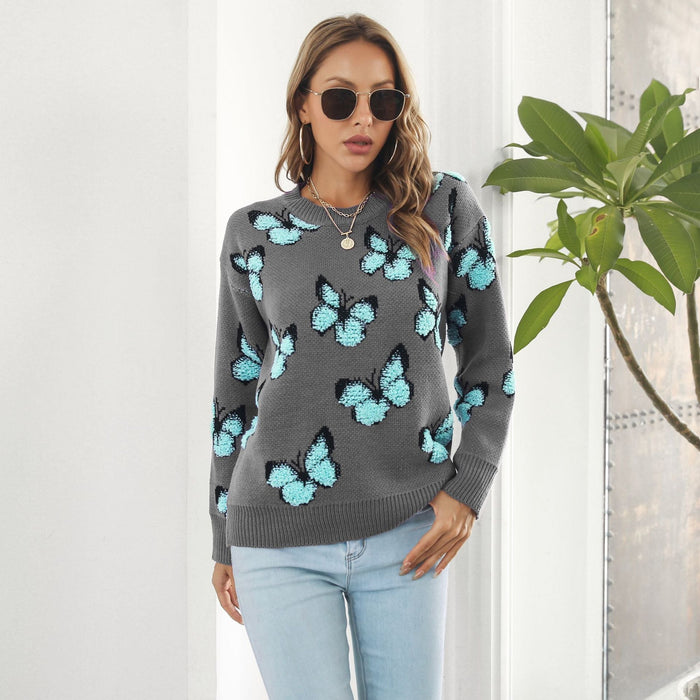 Butterfly Animal Brocade Sweater Women Loose Autumn Winter Long Sleeve Knitwear Sweater