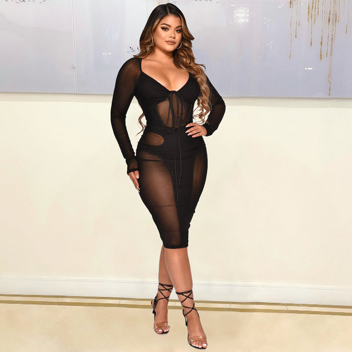 Women Clothing Sexy Mesh Stitching See through Tied Dress Women