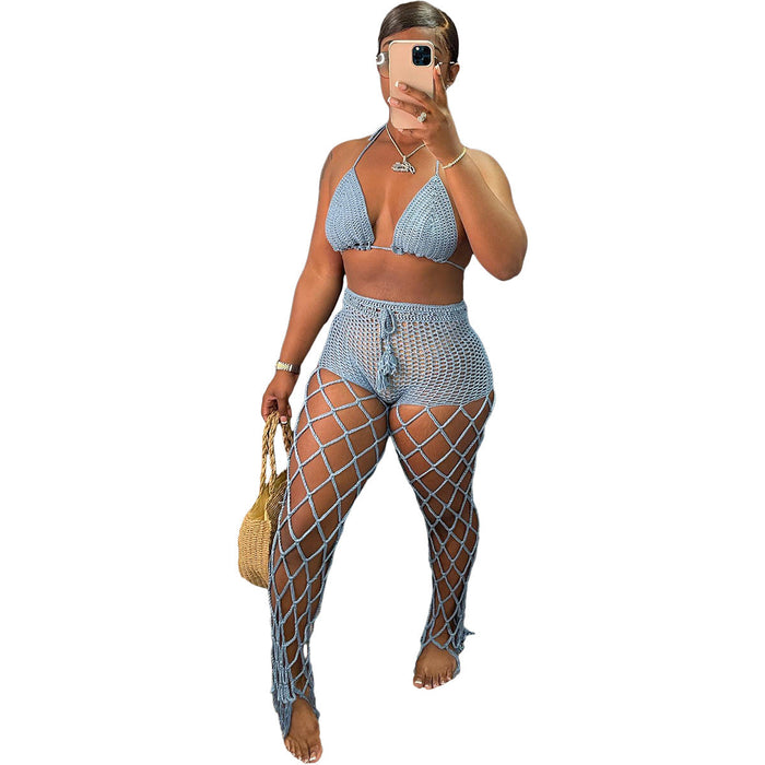 Women Clothing Hollow Out Cutout out See-through Two-Piece Beach Fishnet Hand Crochet Sexy Fashion Suit