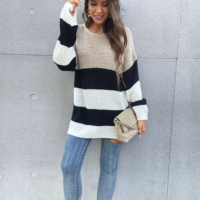 Autumn Inner Wear Mid Length Women Striped Round Neck Knitted Sweater for Women