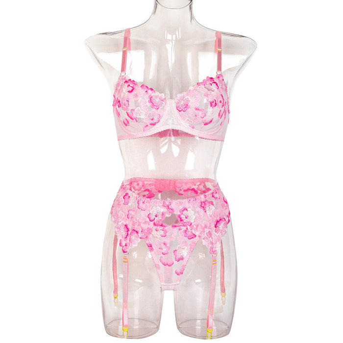 Exquisite Floral Embroidery See-through Sexy Three-Piece Set Sexy Lingerie