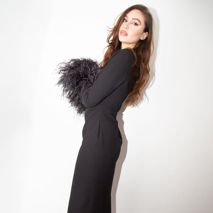 Spring Summer Black Long Sleeved Hollow Out Cutout out One Shoulder Feather Dress Women Clothing Dress