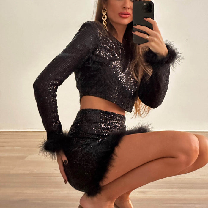 Sexy Sequined Suit Round Neck Long Sleeve Sexy Short Top Short Skirt Two Piece Suit Stitching Furry Party Dress