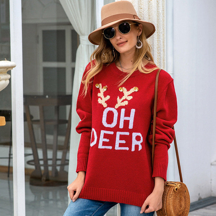 Autumn Winter Sweater Women Christmas Loose Idle Letters Antlers Crew Neck Pullover Sweater