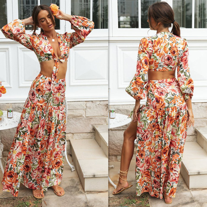 Women Clothing Tropical Floral Printed Chest Lace-up Short Long Sleeve Slit Hemline at Hem Large Swing Skirt Set