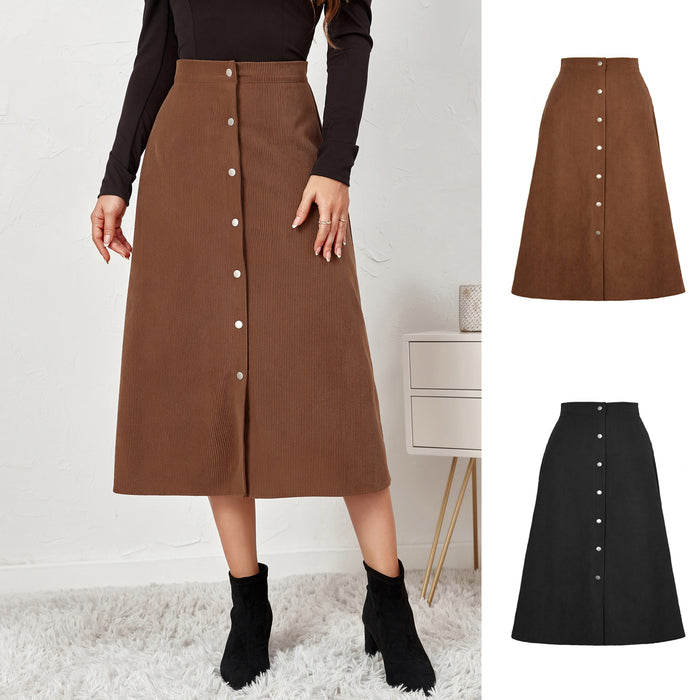 Women Clothing Boutique Corduroy Skirt Single Breasted High Waist Autumn Winter Maxi Women Skirt