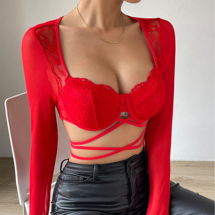 Sexy Deep V Plunge Lace Cross Steel Ring Lace up Bare Cropped Slim Fit See through Mesh Long Sleeve Small Top