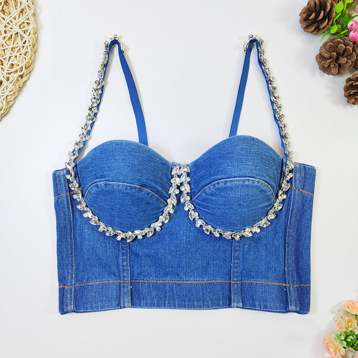 Exclusive Source Manufacturer Rhinestone Beaded Denim Bra Outer Wear Sexy Sexy Strap Tube Top