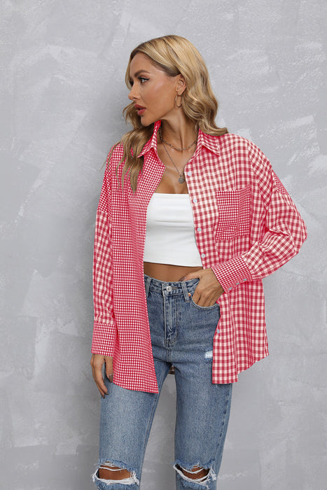 Women Top Autumn Collared Plaid Colorblock Loose Casual Shirt