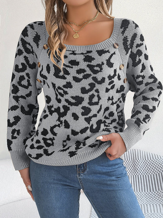 Autumn Winter Casual Square Collar Button Contrast Color Leopard Print Long Sleeve Sweater Women Clothing