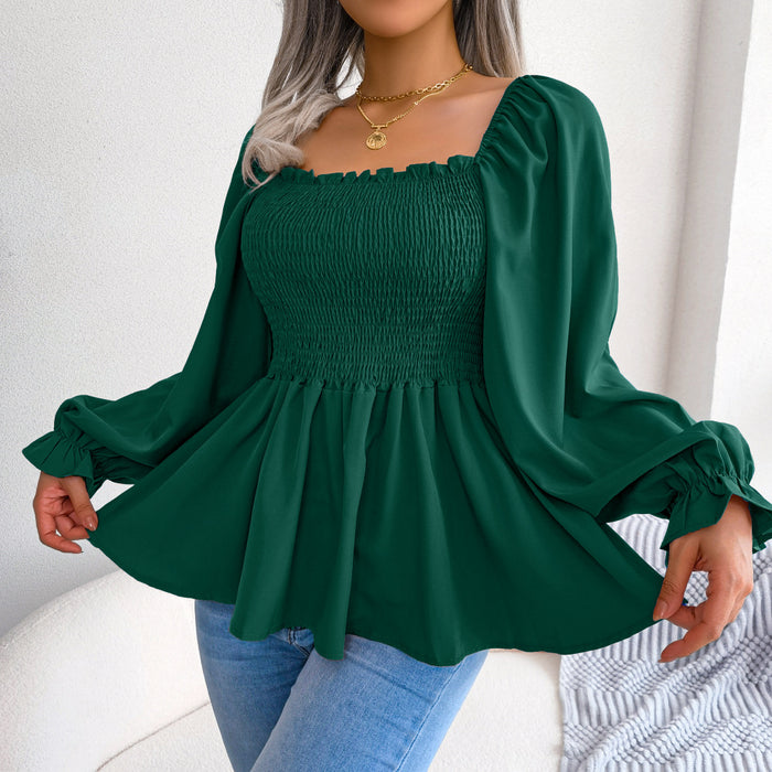 Spring Summer Casual Wooden Ear Square Collar Long Sleeve Chiffon Shirt Women Clothing