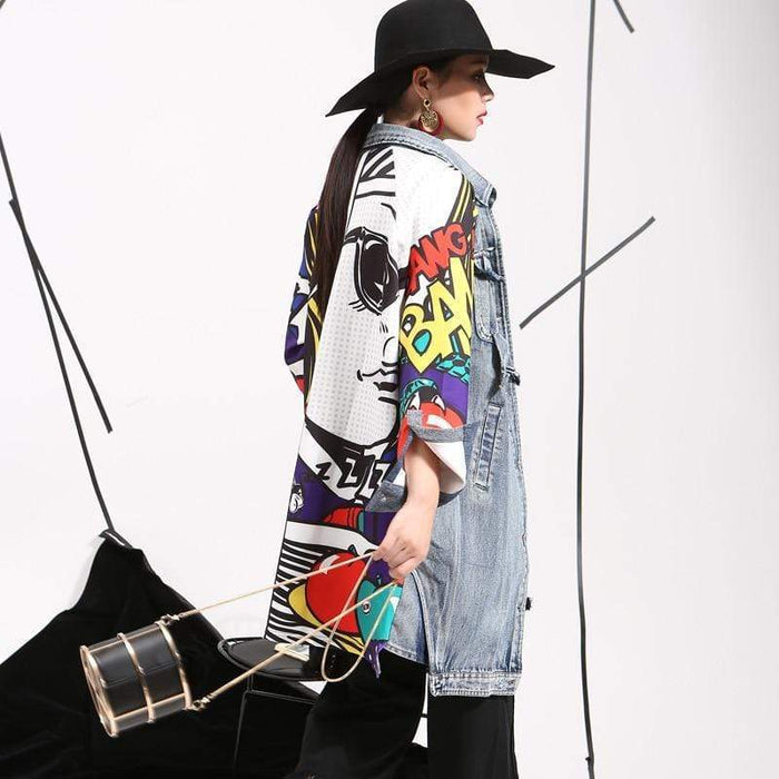 Women Denim Trench Coat Drawing Creative Pattern Stitching Loose Wash Denim Jacket