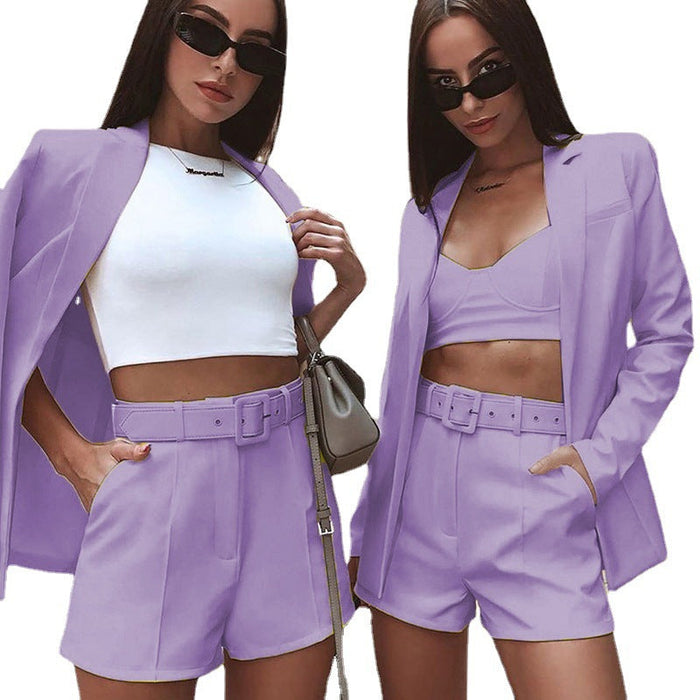 Top Shorts Suit with belt Sexy Women Casual Polo Collar Cardigan