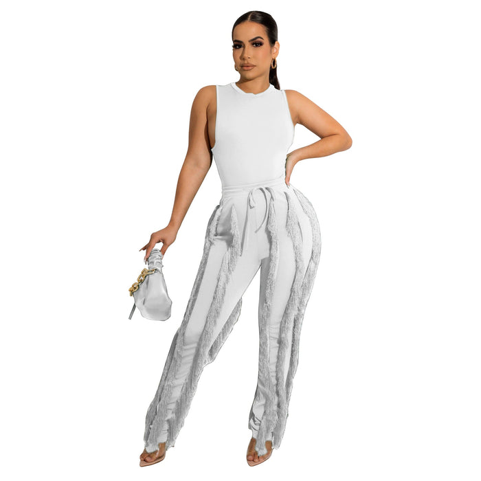 Women Clothing Two Piece Set Tassel Trousers Sleeveless Casual Suit Lace Summer Sexy