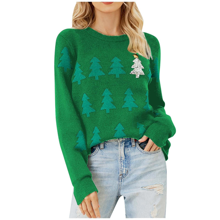 Christmas Tree Jacquard Christmas Sweater Women Casual Pullover Sweater