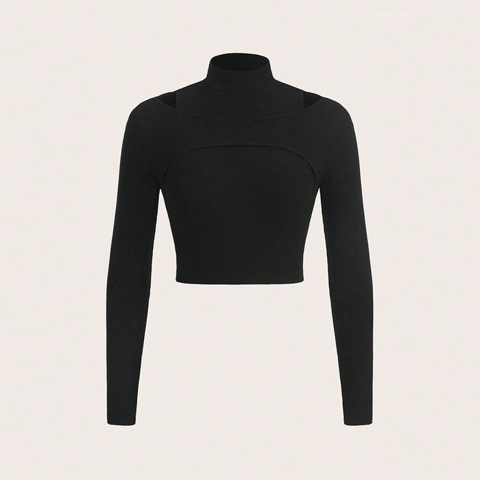 Autumn Winter Women Clothing Half Turtleneck Sexy Cutout Knitwear Long Sleeve T shirt Top