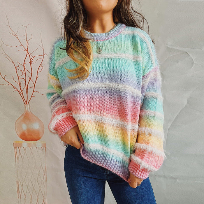 Autumn Winter Loose Gradient Color Striped Imitation Marten Knitted Round Neck Long Sleeve Pullover Sweater for Women