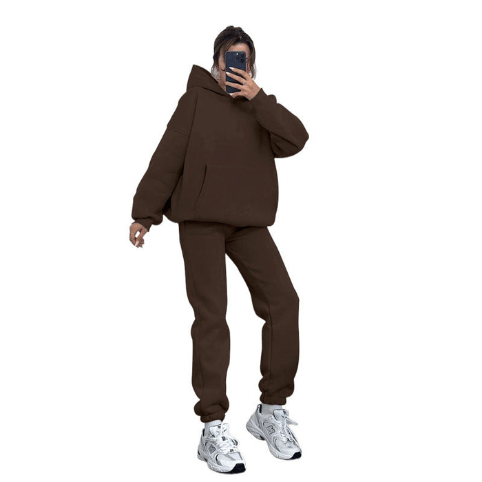 Autumn Winter Solid Color Thickened Brushed Hoody Two Piece Set Casual Trousers Suit