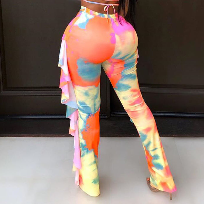 Casual Tie Dyed Printed Wooden Ear Straight Leg Pants Women Pants