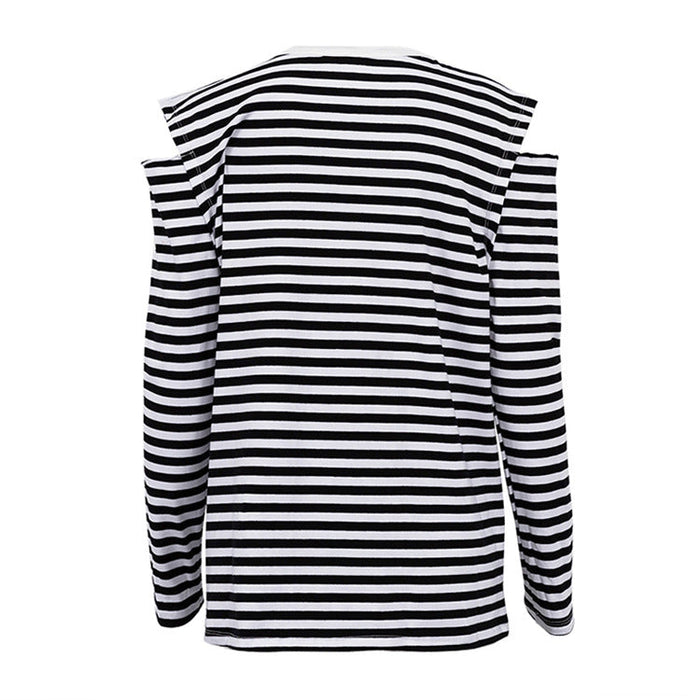 Summer Women  Clothing Striped Crew Neck Long Sleeves off Shoulder Loose Fitting T shirt Top Women