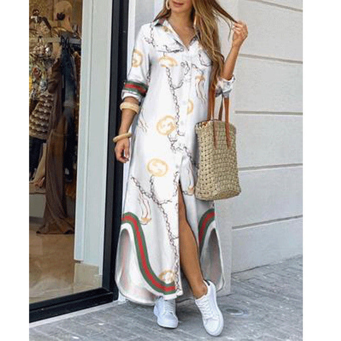 Women Clothing Spring Summer Printed Sexy Shirt Dress