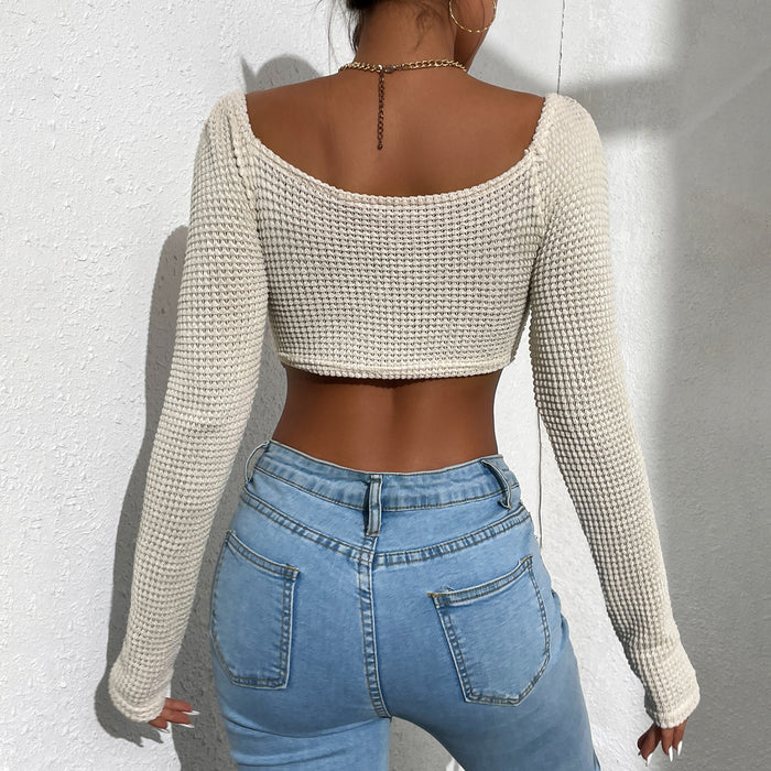 Spring Summer Top Women Hollow-out Tight Sexy Slit Knitwear Short Wide Collar Long Sleeve T- Sweater