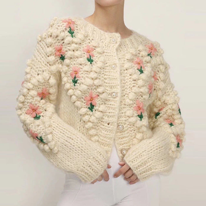 Autumn Winter Handmade Crocheted Embroidery Twist Pearl Buckle Knitted Sweater Cardigan Coat