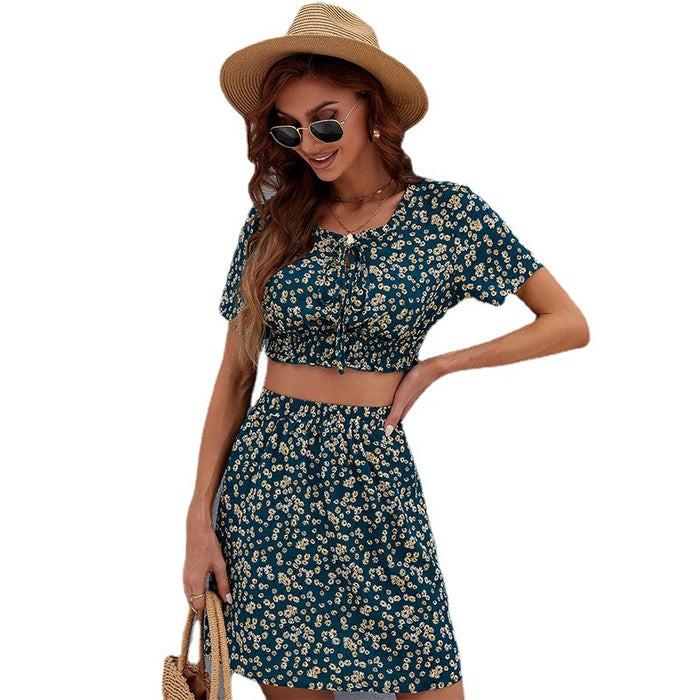 Best Women Clothes Dark Green Small Floral Wooden Ear Bare Cropped High Waist Skirt Outfit Women