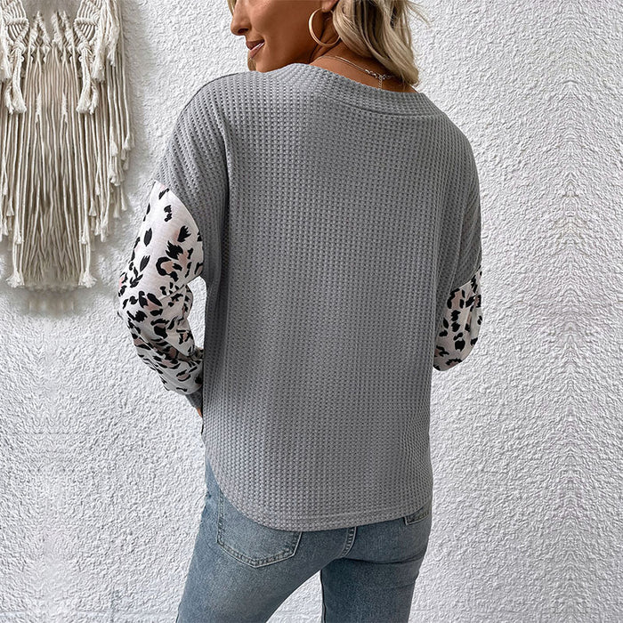 Casual Tops Long Sleeve V neck Leopard Print Contrast Color Knitwear