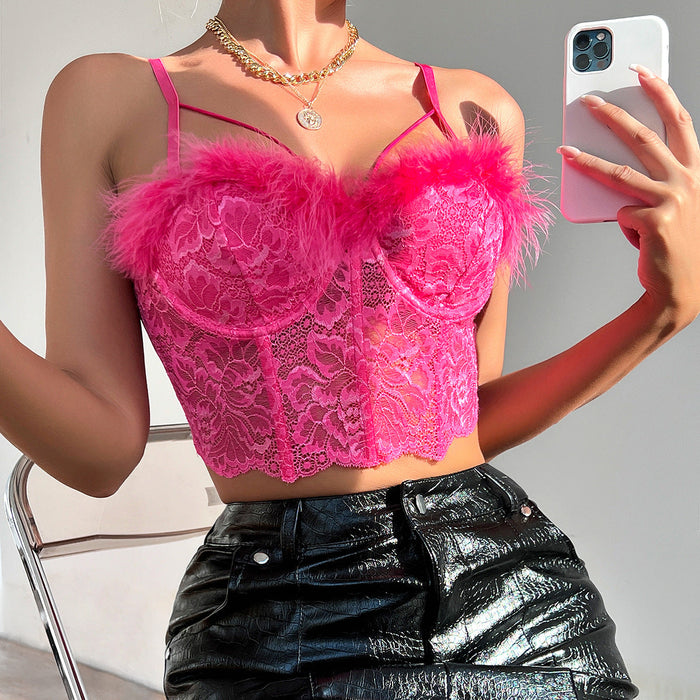 Sexy French Lace Boning Corset Light Luxury Feather Tassel Sexy Vest