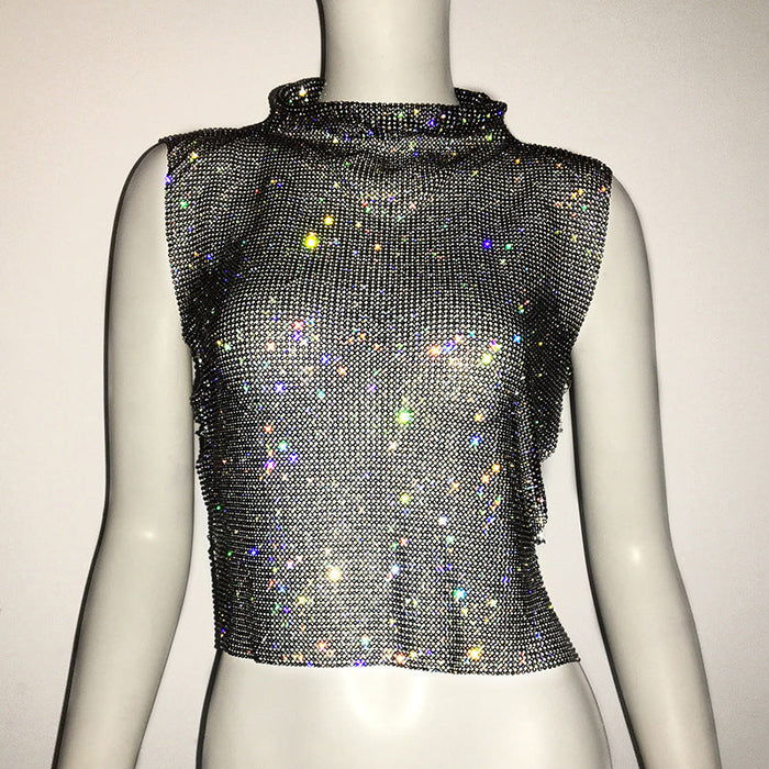 Women's Clothing Full Diamond Vest Luxury Turtleneck Rhinestone Top Sexy Nightclub Sexy Vest