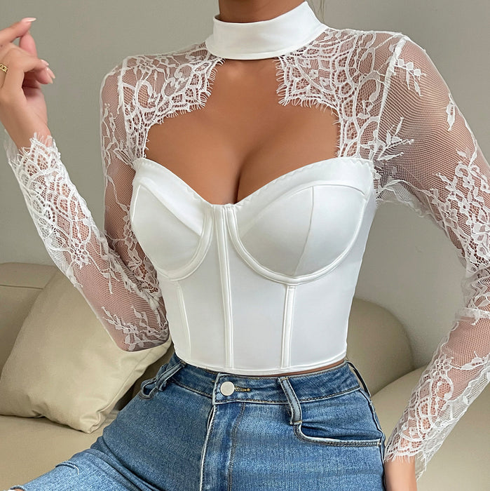 Autumn Winter Sexy Sexy Low Cut Top Elegant Slim Lace Long Sleeve Women Clothing