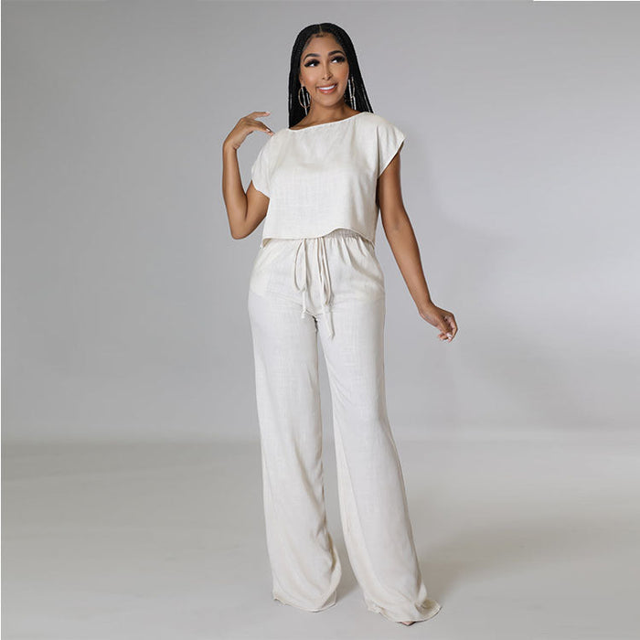 Summer Suit Solid Color Cotton Linen Small Shirt Elastic High Waist Wide Leg Pants Casual Two Piece Suit