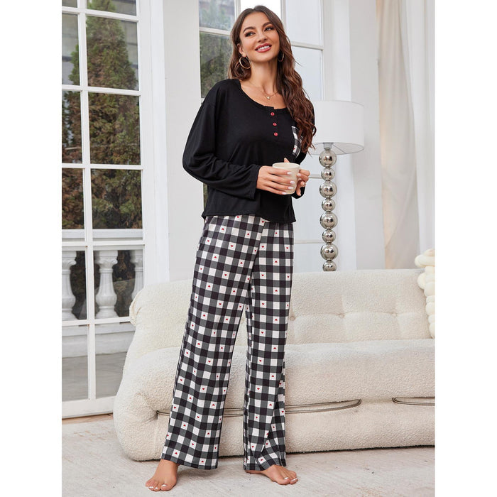 Pajamas Women Spring Autumn Plaid Long Sleeve Cardigan Homewear Two Piece Set