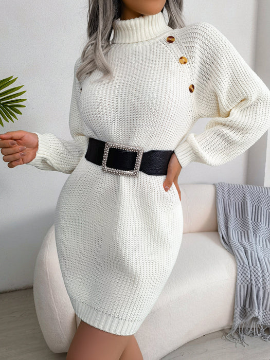 Autumn Winter Casual Button Turtleneck Long Sleeve Base Sweater Dress Women Clothing No Belt