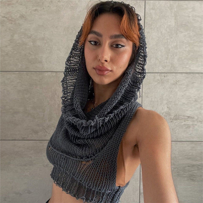 Autumn Women Clothing Hooded Sleeveless Cropped Knitted Solid Color Inner Wear Sweater