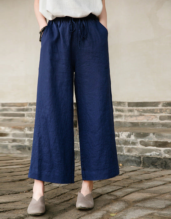 Spring Summer Cotton Linen Women Artistic Washed Lace up Linen Casual Straight Through Cropped Pants Women Cotton Linen Wide Leg Pants