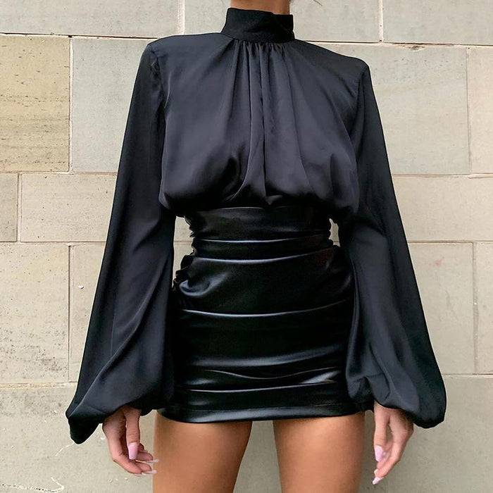 Women Clothing Skirt Shiny Patent Leather Pleated Skirt Sexy Sexy Hip Skirt