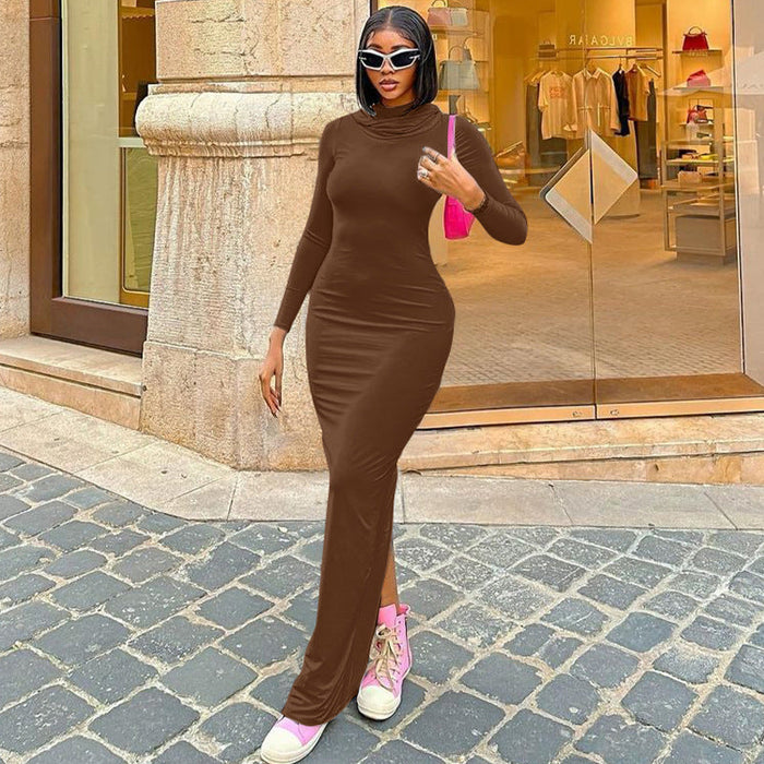 Women Clothing Summer Slim Fit Hood Back Slit Solid Color Dress