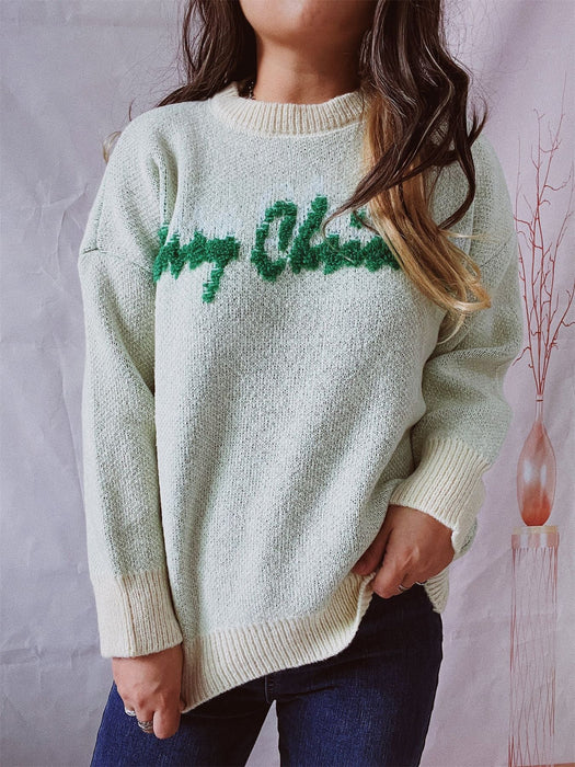 Autumn Winter Round Neck Long Sleeve Letter Graphic Christmas Tree Jacquard Knitted Christmas Sweater Pullover