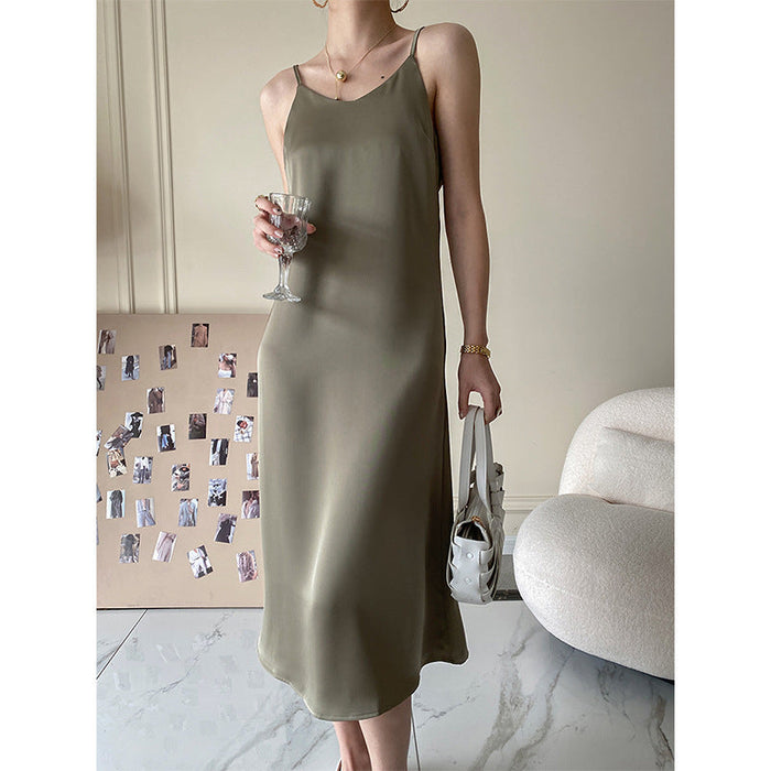 French Acetate Draping Satin Cami Dress Long Women Dress Spring