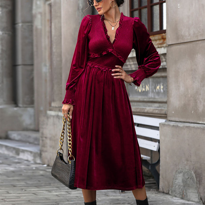 Women Clothing Long Sleeve Red V neck Velvet Dress Autumn Winter