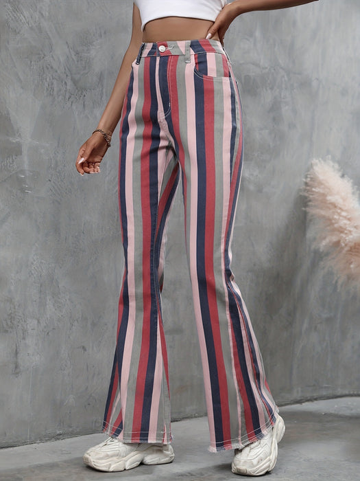 Spring Summer Striped Skinny Raw Edge Denim Casual Trousers Women