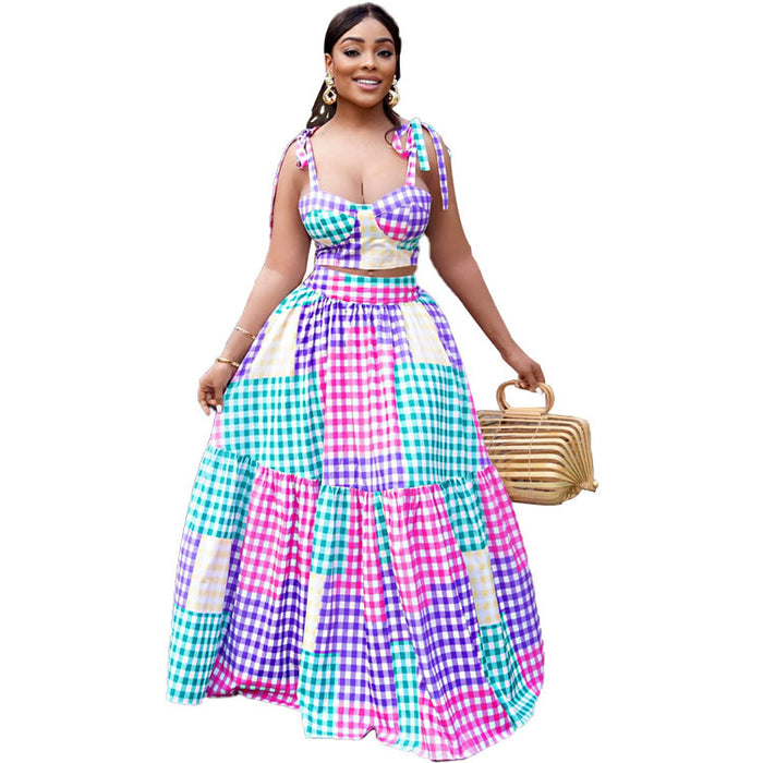 Women Clothing Summer Gradient Plaid Dress Two-Piece Set