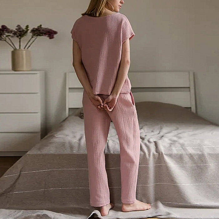 Simple Pajamas Summer Double Layer Cotton Yarn Skin Friendly Solid Color Two Piece All Matching Home Wear for Women