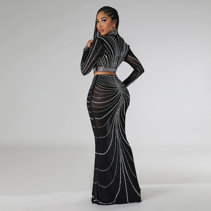 Women Clothing See through Rhinestone Evening Dress Sexy Night Club Two Piece Set