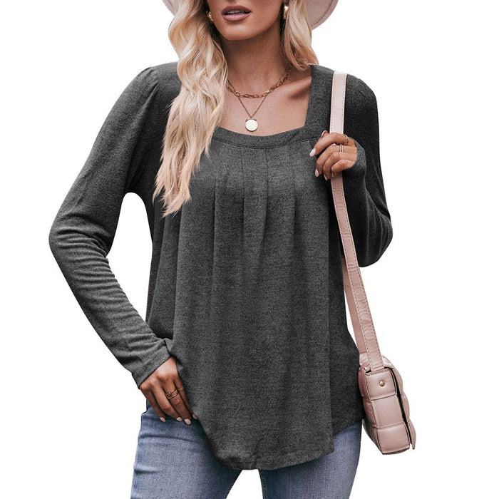 Women Autumn Winter Casual Square Collar Pleated Long Sleeve T shirt